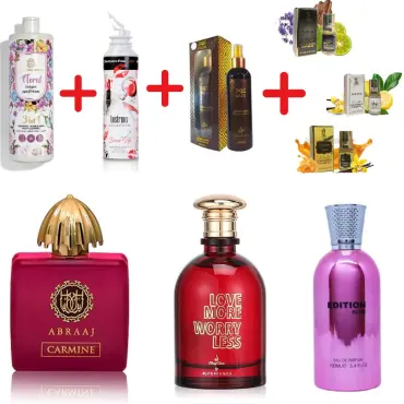 Fragrance World Abraaj Carmine + Fragrance World Edition Rose + Otoori Oud + My Perfumes Lustrous Collection Dress Up Women + Fragrance World Floral Delight + My Perfumes Love More Worry Less + 3 uleiuri de parfum mini