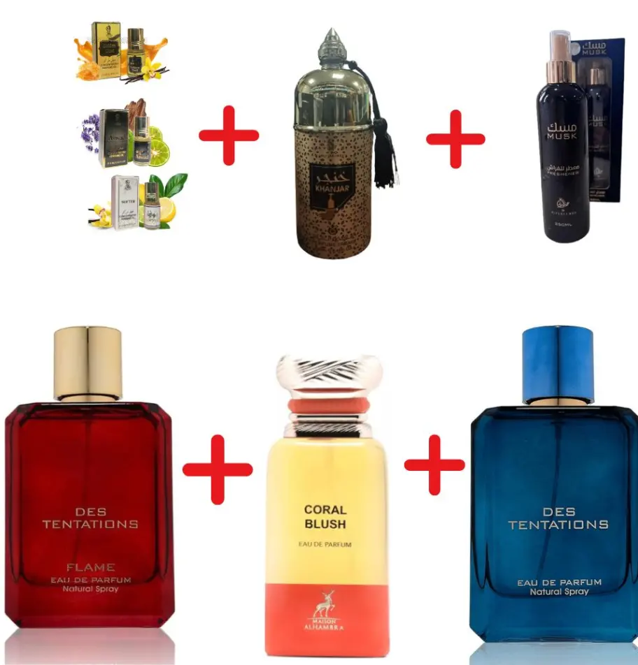 Parfum World Des Tentations Flame + Parfum World Des Tentations + Maison Alhambra Coral Blush + Deodorant Waseemah + Otoori Musk + 3 uleiuri de parfum mini