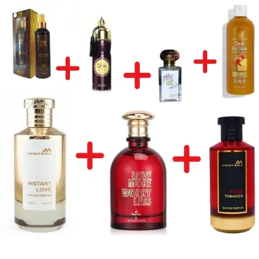 Fragrance World Montera Rouge Tobacco + Fragrance World Montera Instant Love + My Perfumes Love More Worry Less + Otoori Jameela + My Perfumes Soul Mate Intense + Otoori Oud + Fragrance World Shower Gel Scrub Peach