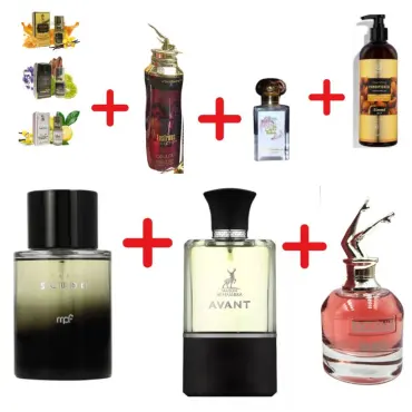 My Perfumes Dark Scudo + Fragrance World Belle Celine Scandant So Nice! + Otoori Jameela + Lustrous Collection Fabulous + 3 mini uleiuri de parfum + Fragrance World Almond Oil Conditioner + Maison Alhambra Avant